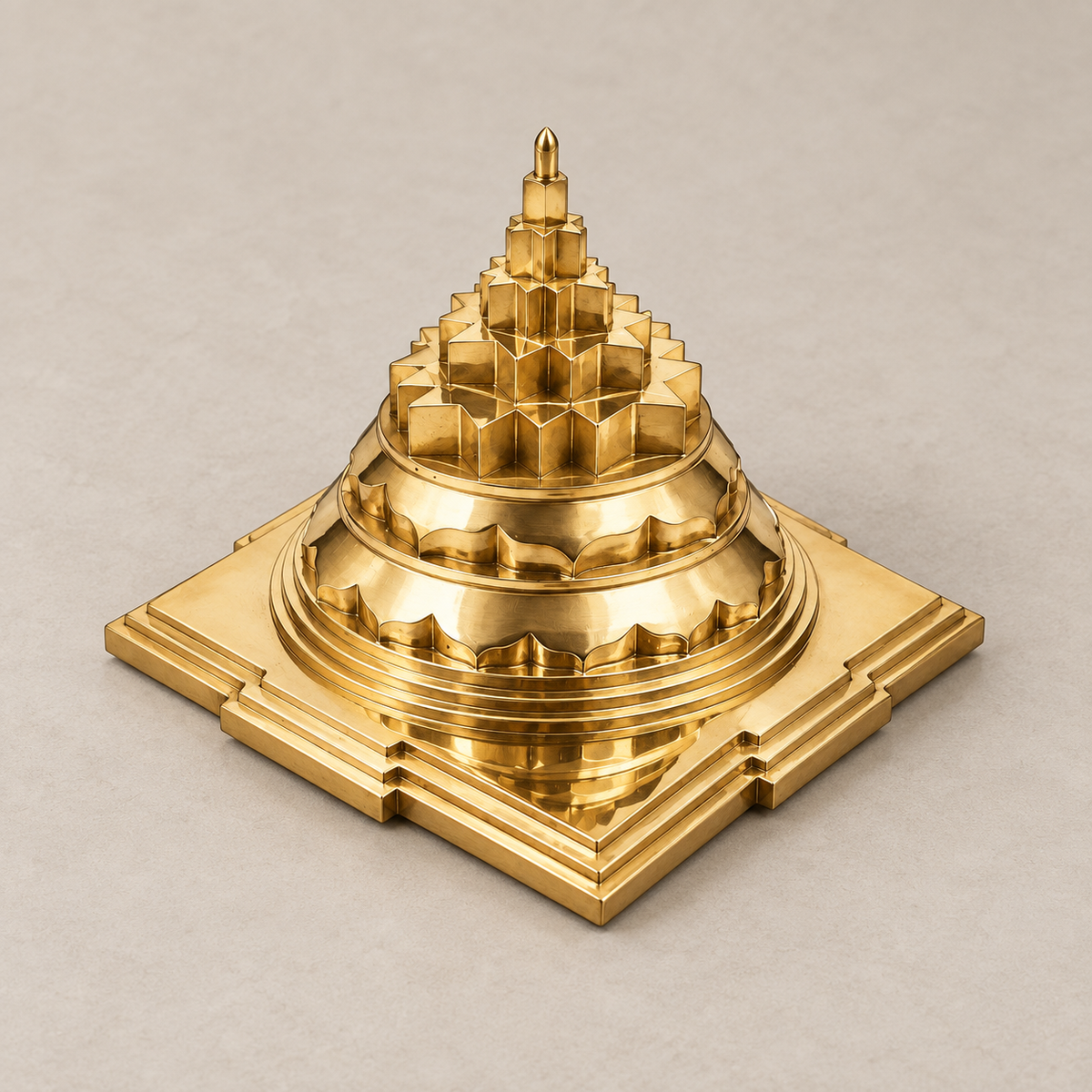 A small copper-colored metal decorative object shaped like a tiered pagoda or stupa, photographed on a dark wood surface. It is Called Shri Yantra or Meru SHri Yantra and Damru India makes most accurate and best quality Meru Yantra in whole world