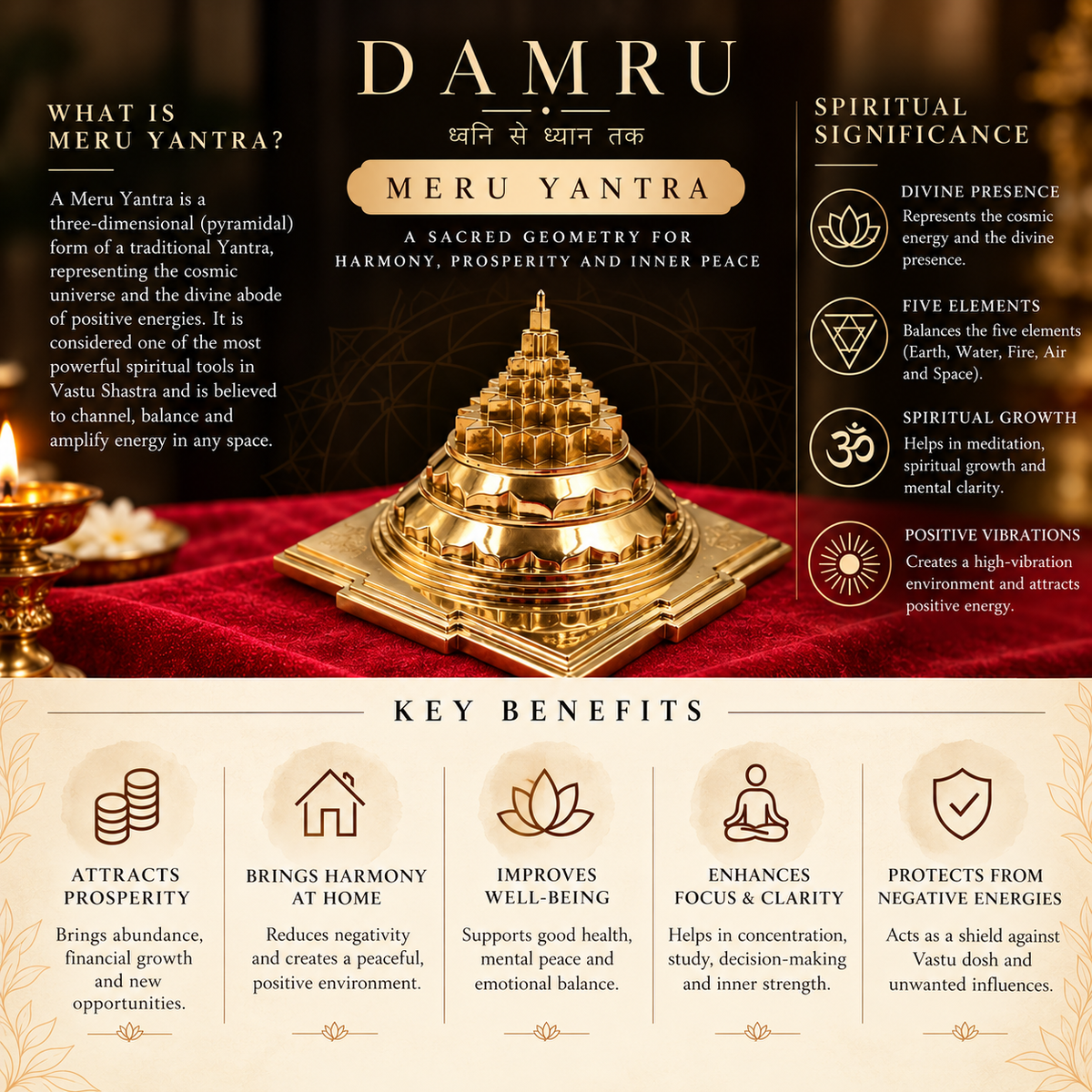 Sacred Abode of Maa Lalita Tripura Sundari. Authentic 3D Maha Meru Sri Yantra – Panchdhat Sri Chakra by Damru