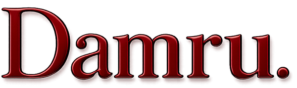 The word 'Damru.' in a glossy dark red serif font with a subtle drop shadow, centered on a plain white background.