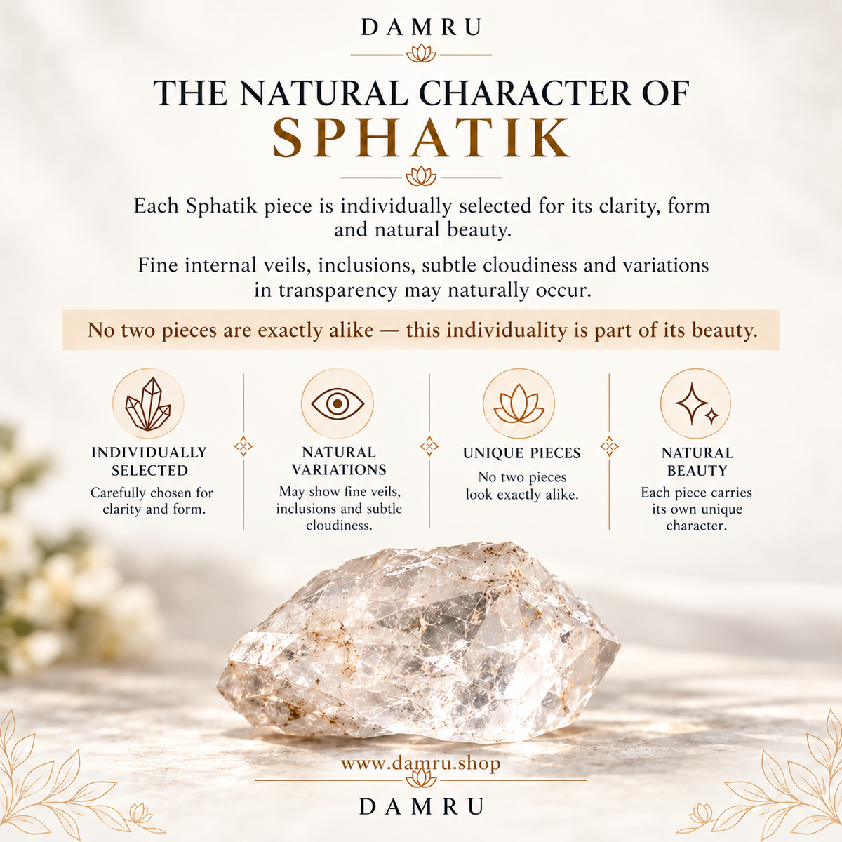 Authentic Sphatik Mala (4mm) | Lightweight Quartz Crystal Japa Mala for Women – Damru
