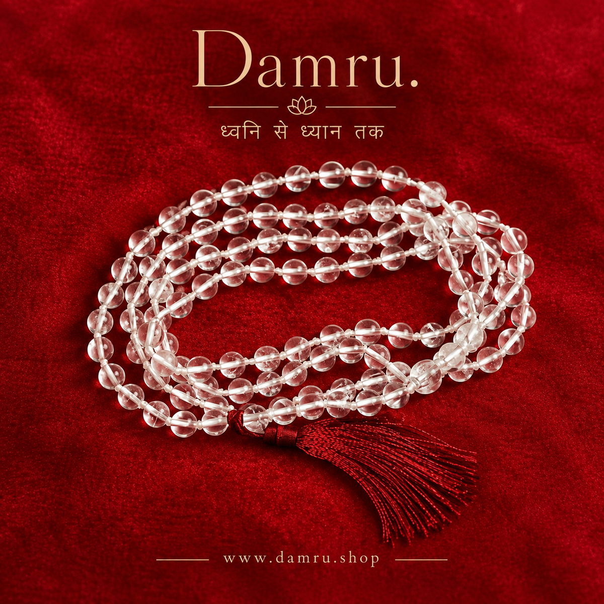 Authentic Sphatik Mala (4mm) | Lightweight Quartz Crystal Japa Mala for Women – Damru