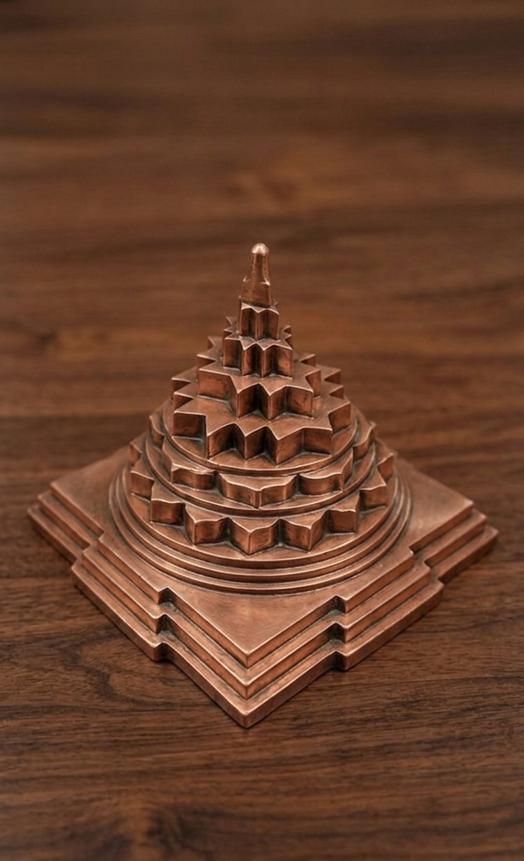 A small copper-colored metal decorative object shaped like a tiered pagoda or stupa, photographed on a dark wood surface. It is Called Shri Yantra or Meru SHri Yantra and Damru India makes most accurate and best quality Meru Yantra in whole world